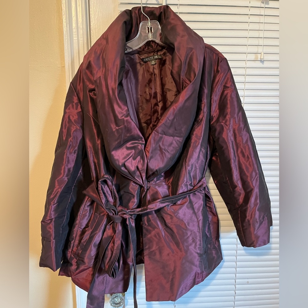 Wine Purple Satin Shawl Collar Belted Jacket
